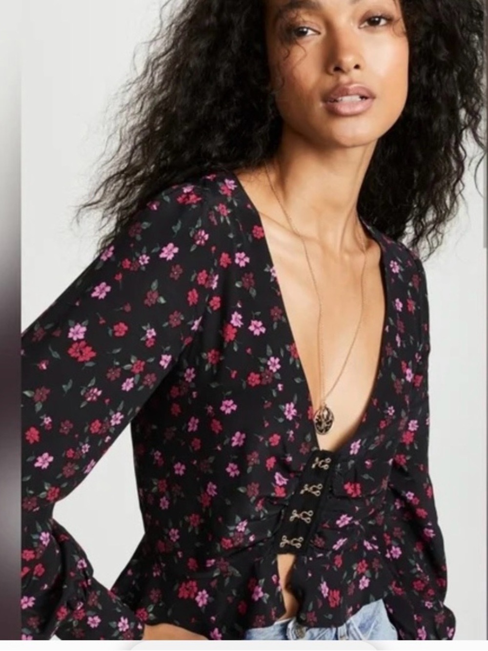 For Love & Lemons Black Floral Hook-Front V-Neck Blouse